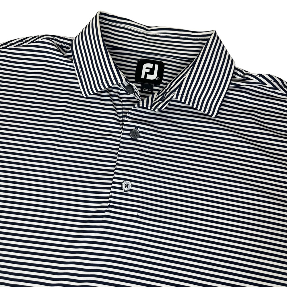 FootJoy Mens Striped Golf Polo Shirt Navy Blue White Large Logo Stretch Athletic